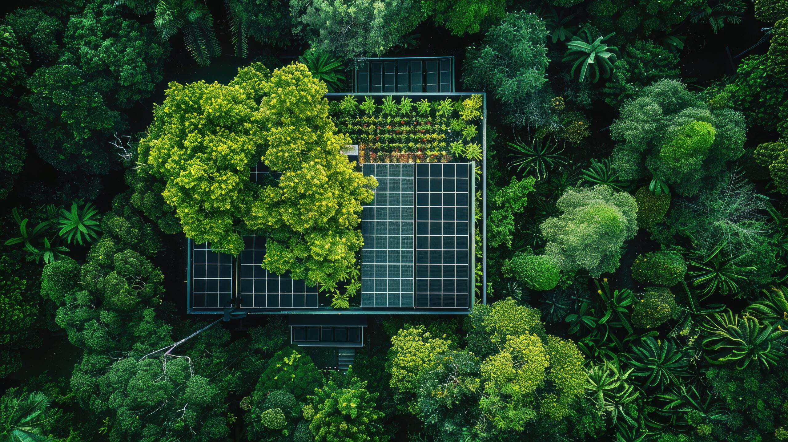 Aerial view of an eco-friendly house with a green roof, surrounded by lush forest, highlighting sustainable living and integration with nature