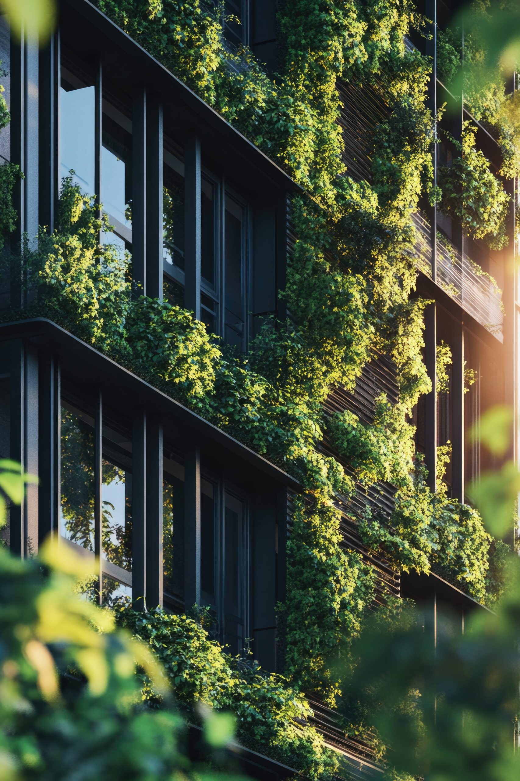 A tall building covered in plants and greenery